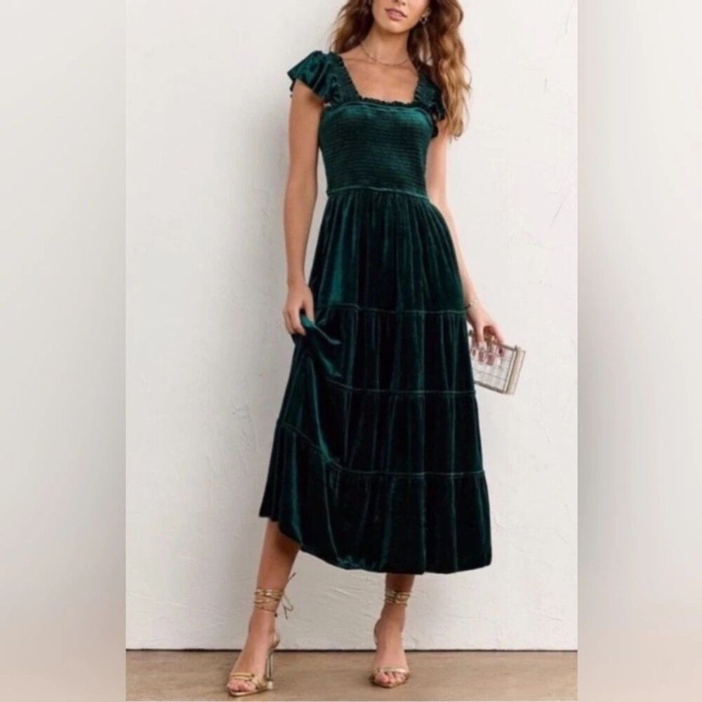 Hill House Ellie Nap Midi Dress Green Velvet Viscose Silk Tiered Womens sz XS